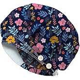DELORIGIN Bouffant Scrub Caps Cotton Nurse Scrub Hats with Button Sweatband Adjustable Surgical Caps for Unisex Cooking