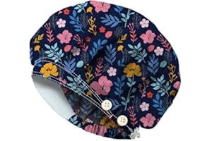 DELORIGIN Bouffant Scrub Caps Cotton Nurse Scrub Hats with Button Sweatband Adjustable Surgical Caps for Unisex Cooking