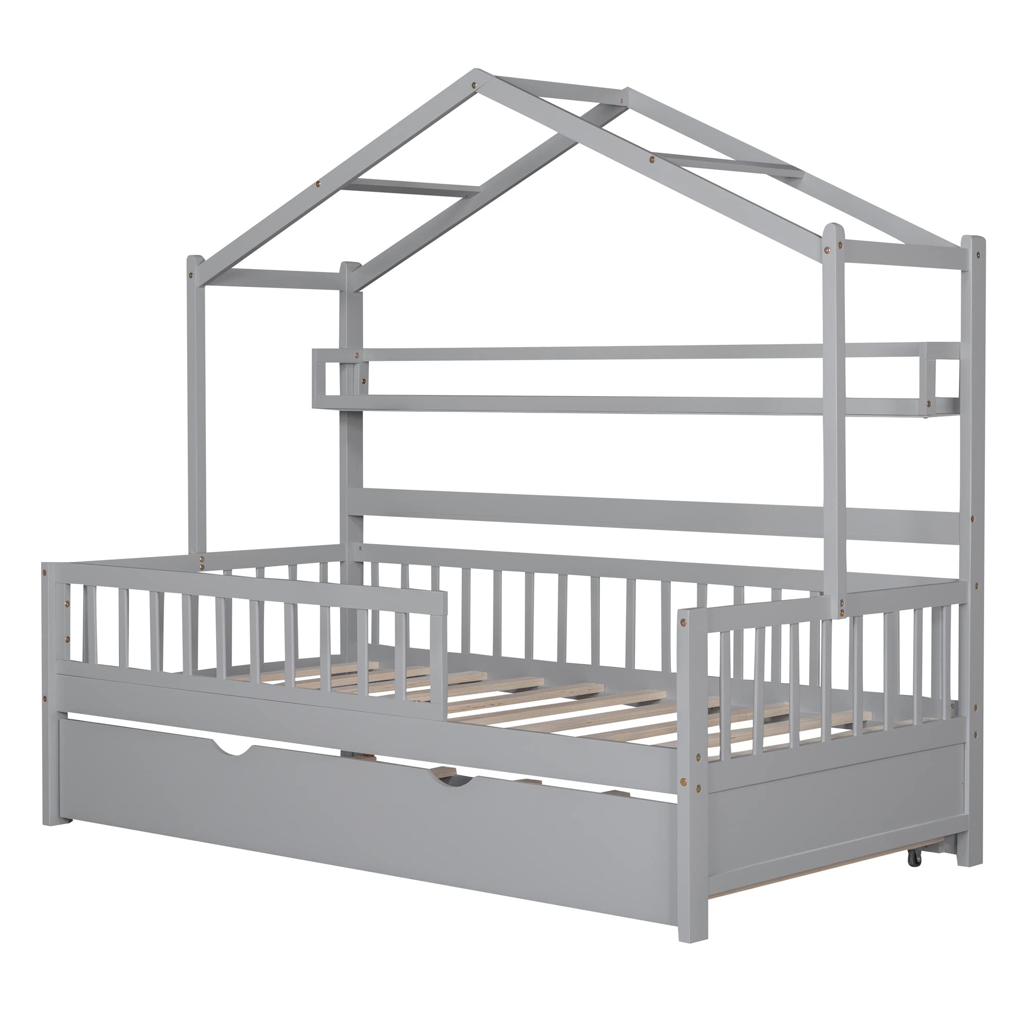 Photo 1 of SPOFLYINN Wooden Platform Bed with Trundle, Wood Playhouse Bed Frame with Roof Design, Storage Shelves, Full Length Safety Guardrail,