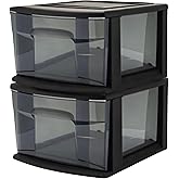 HOMZ 2-Pack 1-Drawer Storage Cart, Plastic Container w/Smoke Tint, 14.25" Wide Medium, Black Frame - Organizing Drawer Containers for Home, Bathroom, Bedroom, Office, and Classroom