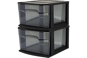 HOMZ 2-Pack 1-Drawer Storage Cart, Plastic Container w/Smoke Tint, 14.25" Wide Medium, Black Frame - Organizing Drawer Containers for Home, Bathroom, Bedroom, Office, and Classroom