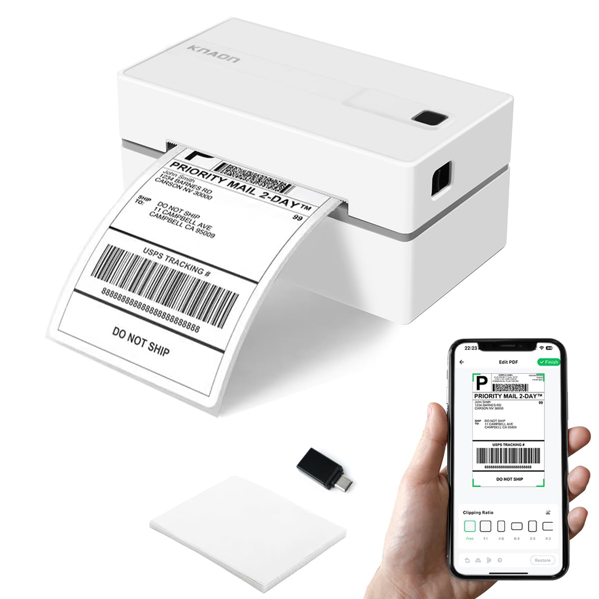 KNAON Bluetooth Thermal Shipping Label Printer, 4x6 Portable Thermal Address Label Printer for Small Business, Compatible with iPhone,Android,Windows,Mac–Works with Ebay Shopify USPS&More, White