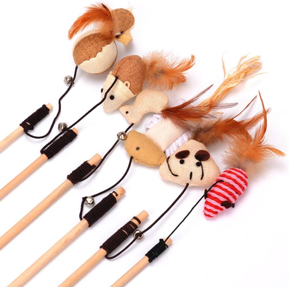 CADE Cat Teaser Interactive Toy, Cat Toy Feather Wand 6 Wand and 6 pcs Different Feathers Toy Funny Teaser Cat Wood Wand Catcher Toys Pets Interactive Entertainment Play Toy