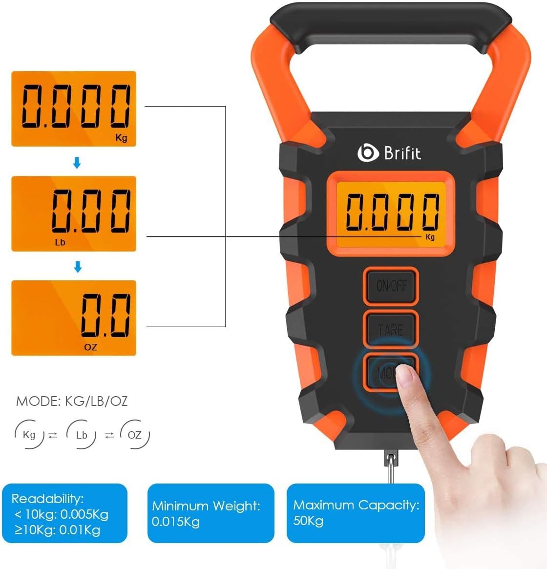 Brifit Digital Fishing Scale with Ruler, 15g/50kg Electronic Digital Luggage Scale, 110lb Max Fishing Postal Hanging Hook Scale with Measuring Tape, Backlit LCD Display (Batteries Included): Kitchen & Dining