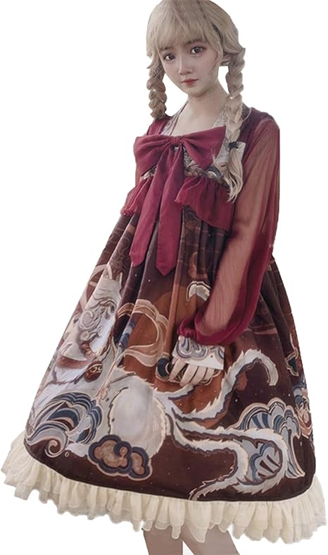Amazon ワインロリータドレス ゴスロリワンピース 人形師 復古風中華ロリィタ 長袖op 膝丈 Lolita クリスマスコスプレ ディース フリルレース可愛い姫系少女ワンピ漢服蝶結び付き M コスプレ 仮装 通販