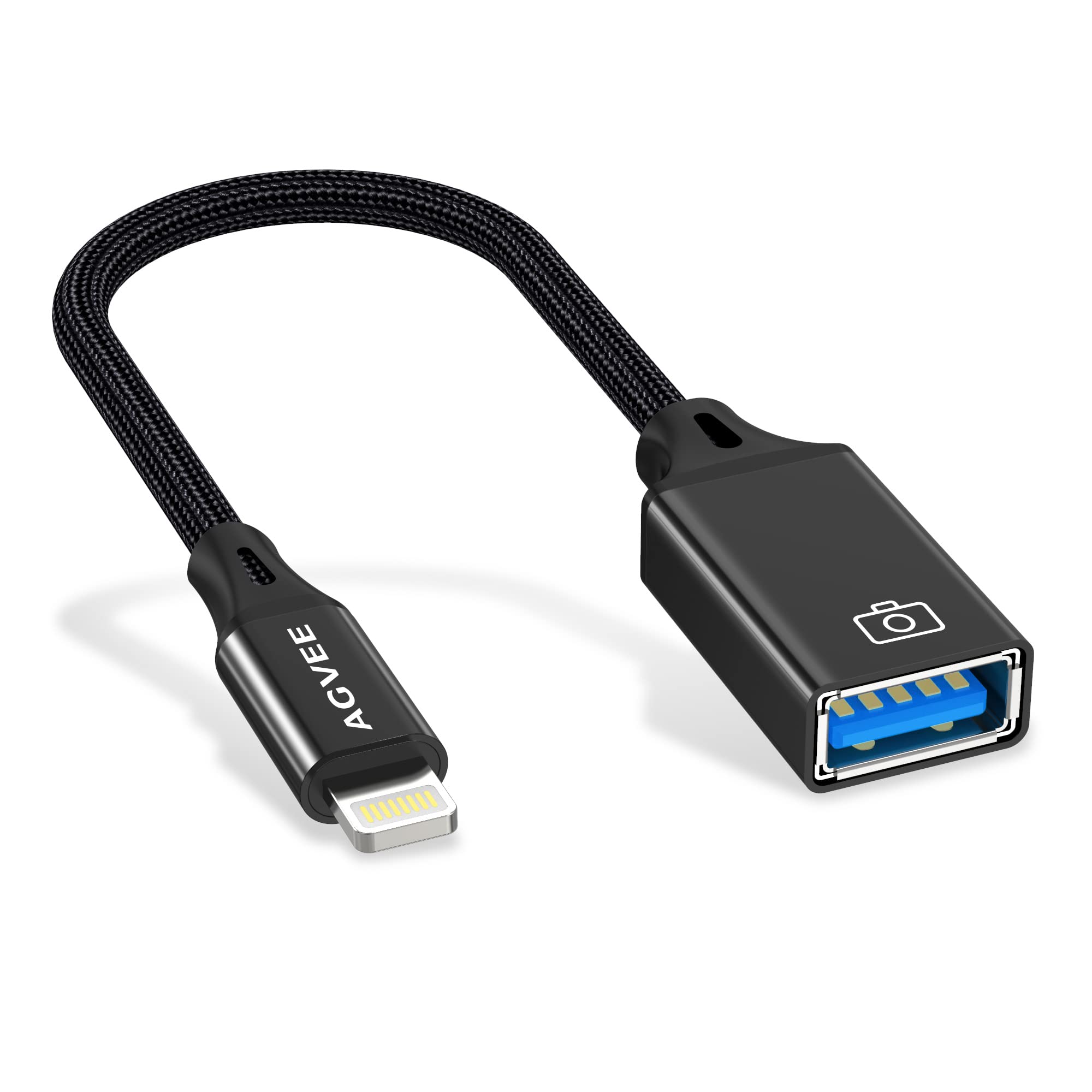 Photo 1 of AGVEE 4 inch Lightning to USB Female Camera Adapter, OTG Cable for iPhone iPad to Connect Card Reader, USB Flash Drive, MIDI, Keyboard, Mouse, Hubs, Plug & Play, Black