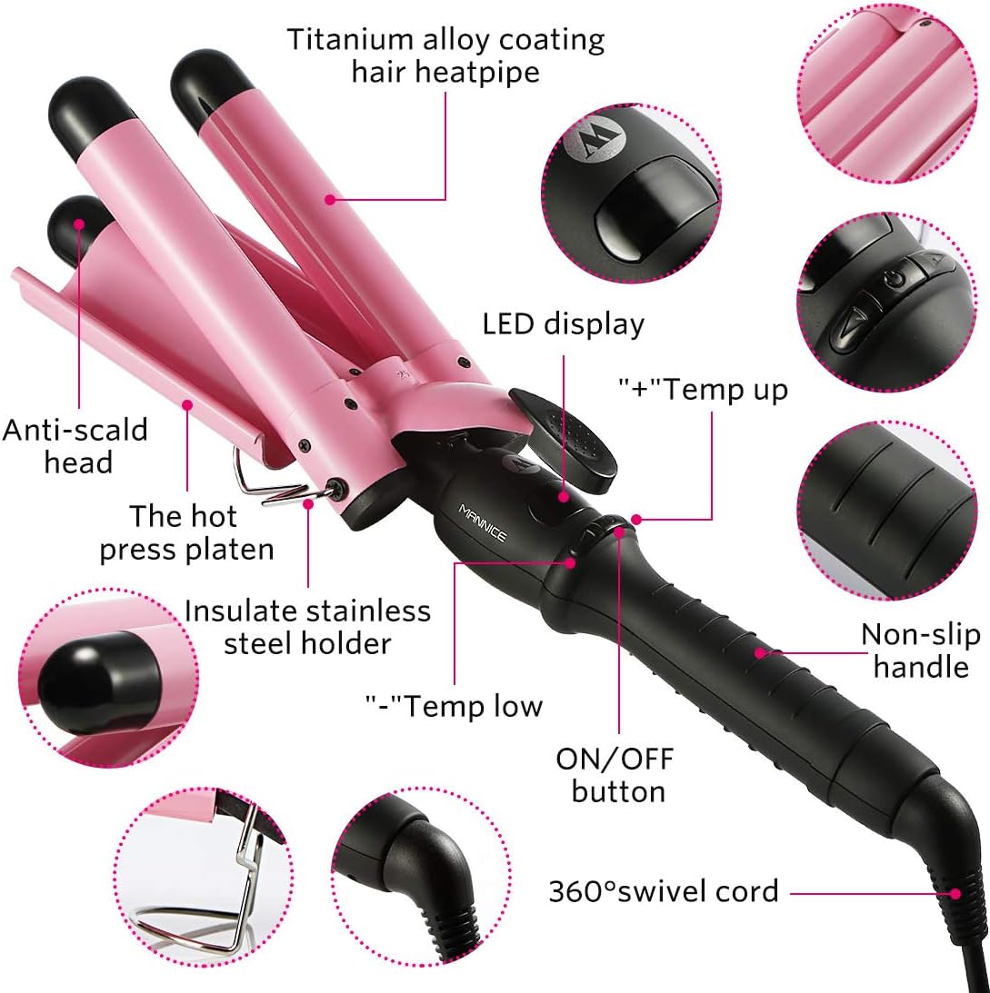 3 Barrel Curling Iron Crimper Hair Iron, 1 inch (25mm) Beach Waves Curling Iron with Temperature Adjustable Wave Wand, Crimper Hair Waver Iron Curler Hair Curler (25mm with LCD): Health & Personal Care
