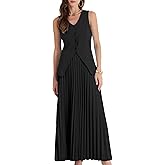 Allegra K Women's 2 Piece Summer Outfits V Neck Sleeveless Button Vest Maxi Pleated Skirts Set