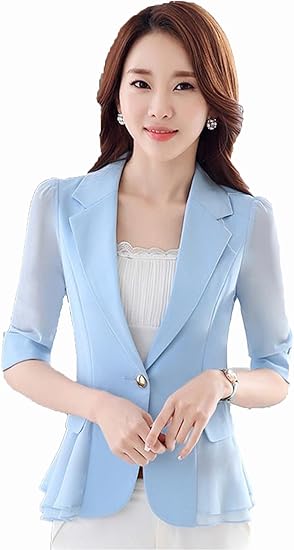Bingchuan 薄手 レディース スーツ ショート 七分袖 シフォン 洋服 夏 ビジネス 15つボタン スウェット フォーマル 大きいサイズブルー4xl スーツ 通販 Amazon