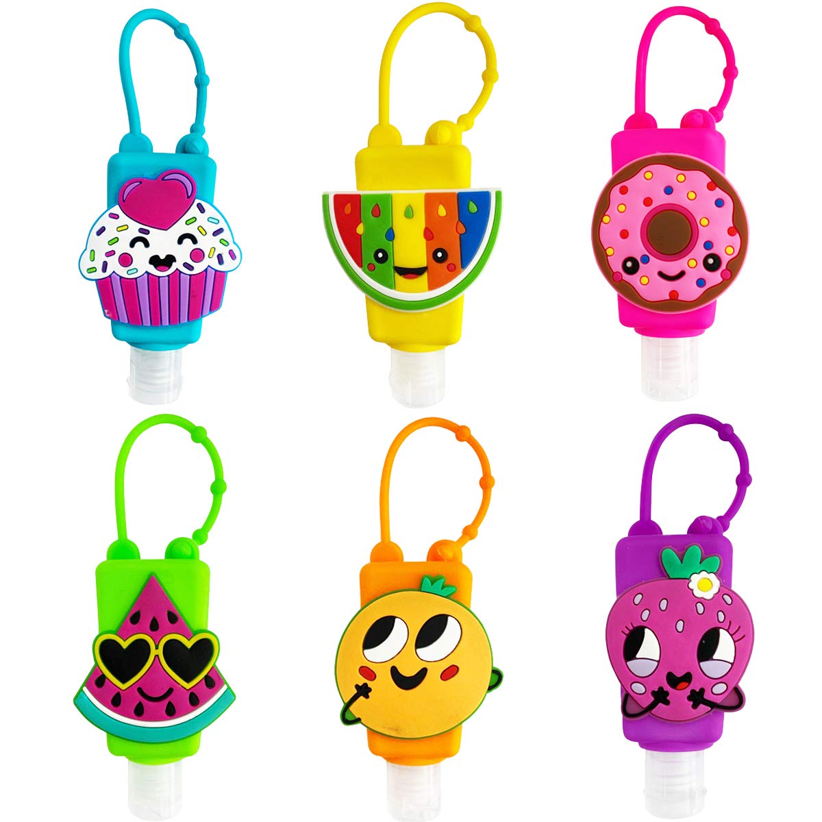 Ulife Mall 6 Pcs Cute Cartoon Kids Refillable Bottles Travel Containers Empty Plastic Bottle with Silicone Case Keychain Carrier, 30 ml Portable Leak Proof Flip Cap Keyring Bottles - Fruit