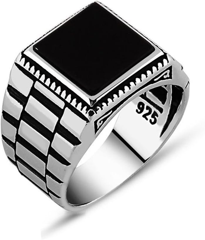 chimoda Mens Solitaire Silver Rings 925 Sterling Men's Jewelry with Black Onyx Stone