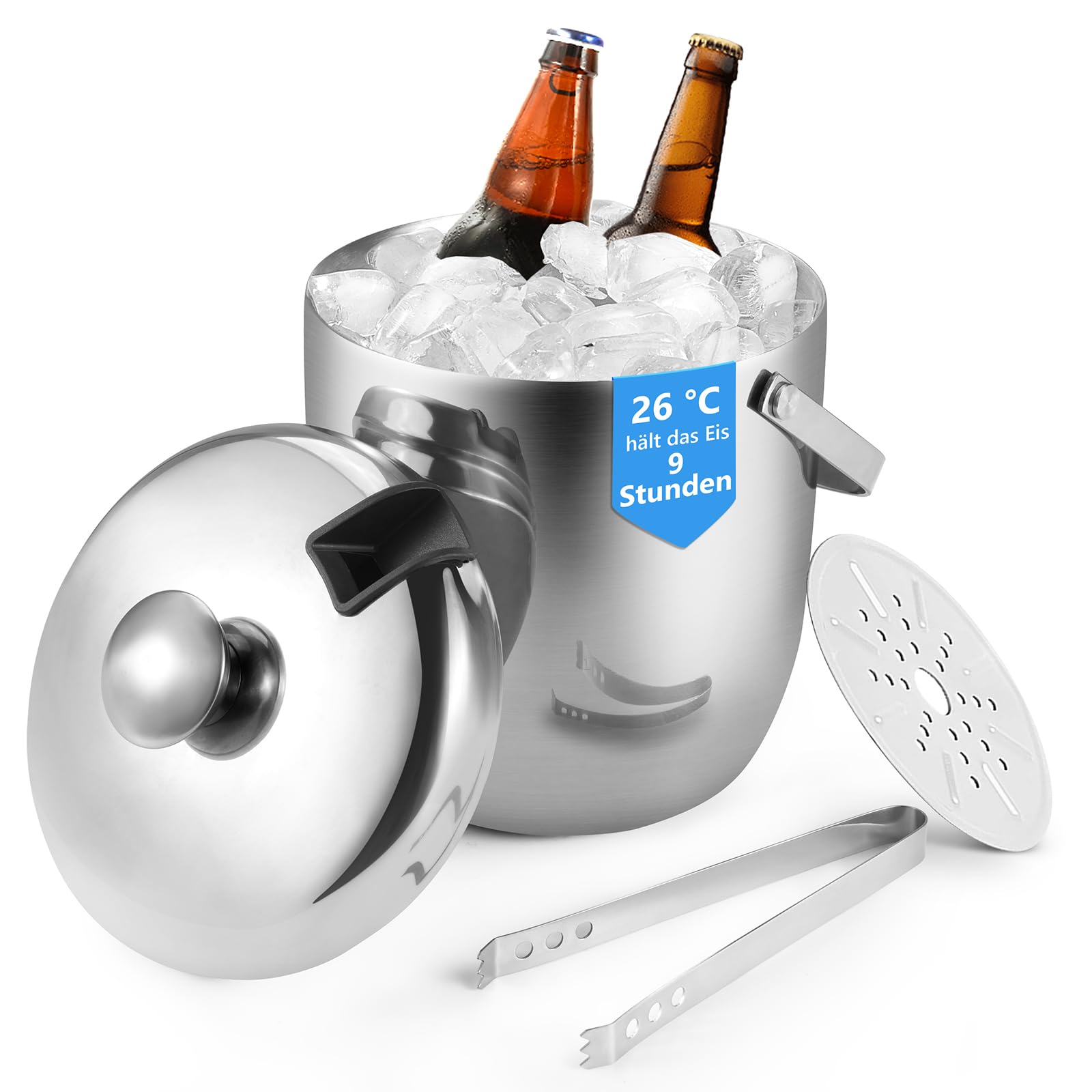 LONCWO BT02 Ice Cube Tray, 3 Litre Ice Cube Container, Insulated Stainless Steel Double Wall Ice Bucket, Ice Bucket with Lid and Ice Tongs