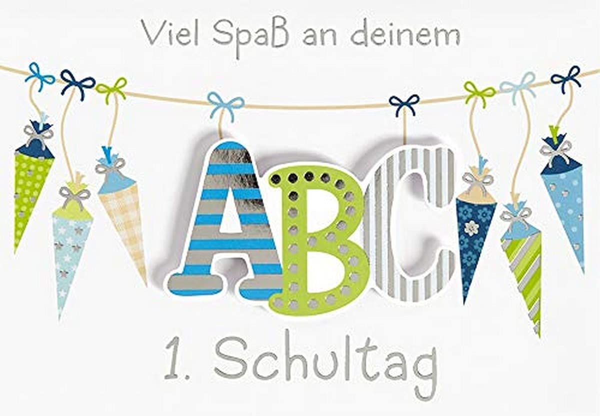 Perleberg - Beautiful Card for First Day of School ABC & School Cone - High-Quality Cards for School Enrolment - School Cards with Envelope - Congratulations Card for Boys and Girls 11.6 x 16.6 cm