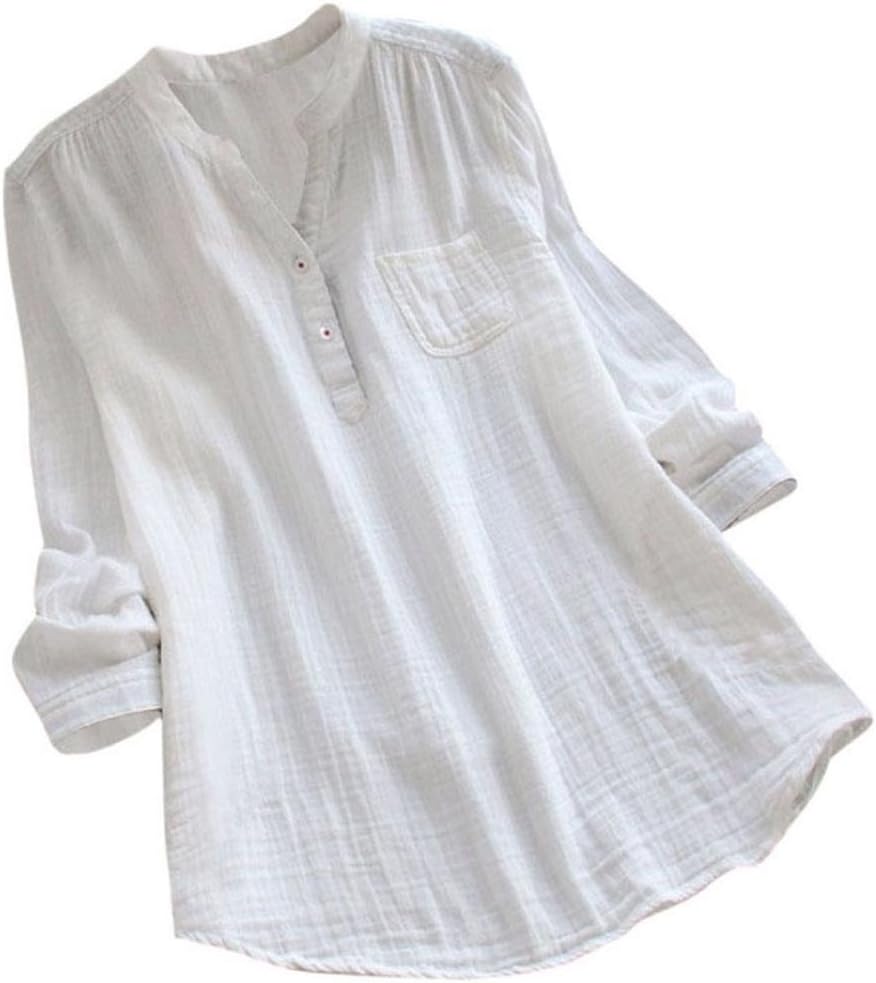 Womens Summer Cotton Stand Collar Button Down Long Sleeve Casual V-Neck Loose Tunic Tops T Shirt Blouse