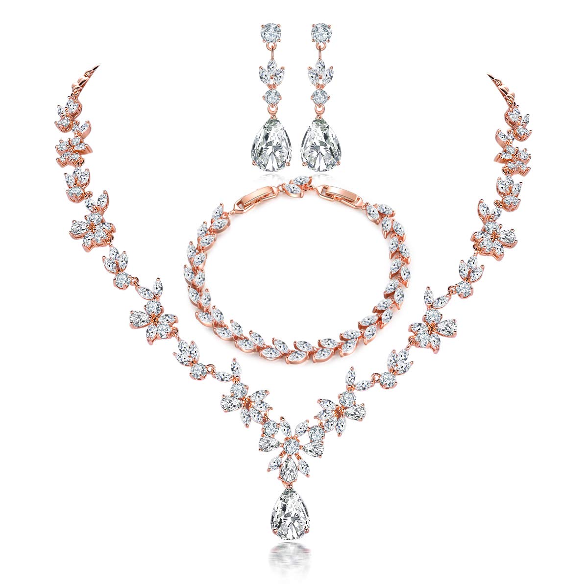 Shuxin Jewellery Set for Women, Necklace Dangle Earrings Bracelet Set, Rose Gold Plated Jewelry Set with White AAA Cubic Zirconia, Allergy Free Wedding Party Jewellery for Bridal Bridesmaid