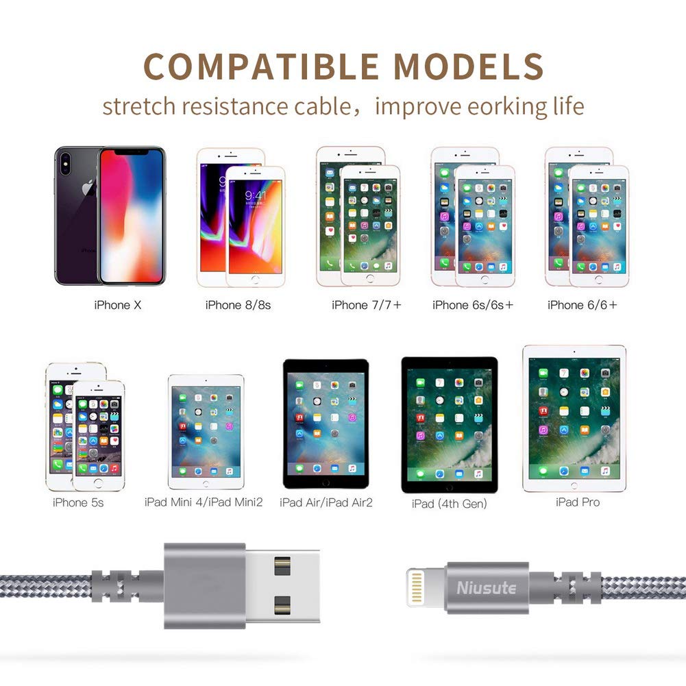 Niusute Phone Cable 3 Pack 6 ft Extra Long Nylon Braided Charging Charger Cord USB Cable,Grey