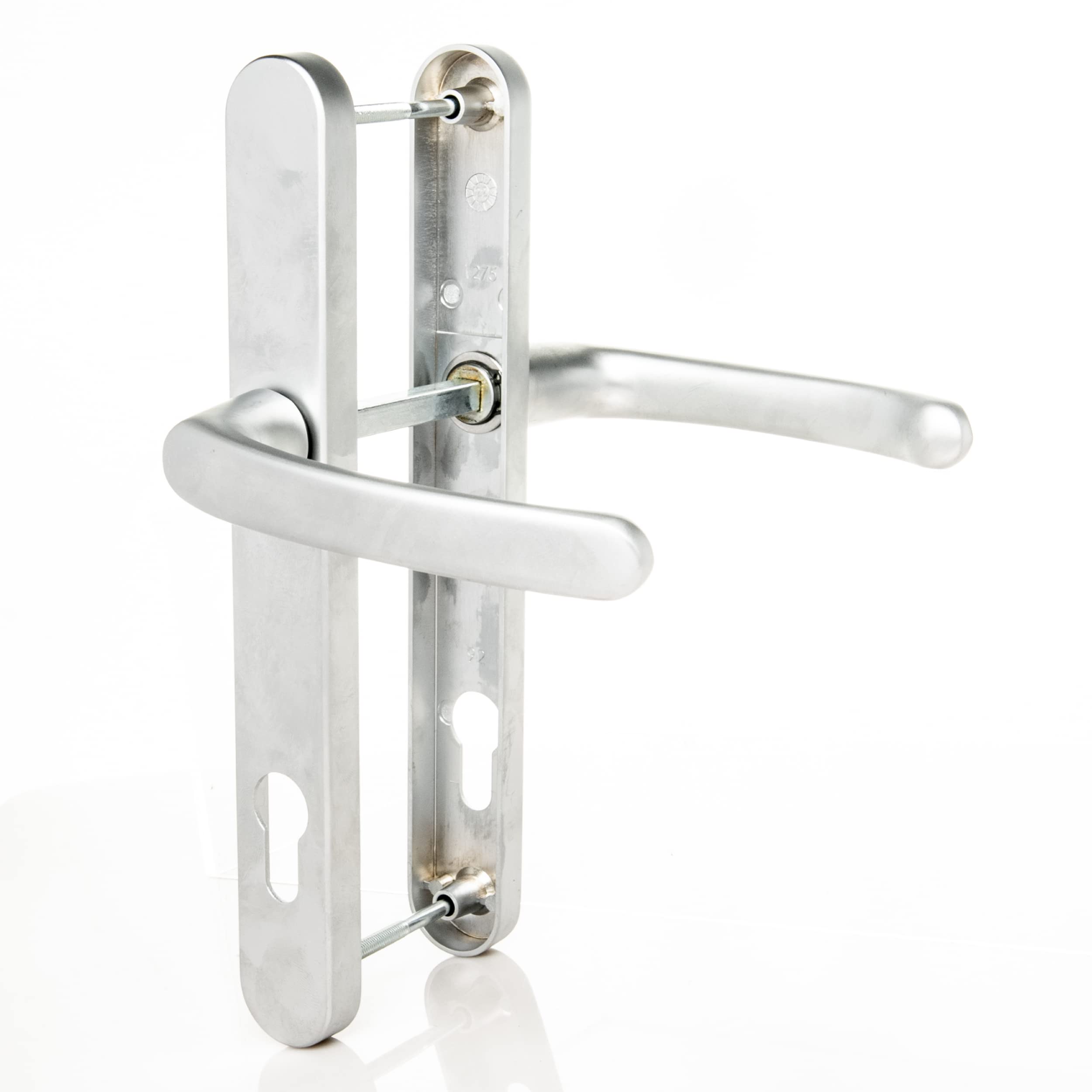 UPVC Door Handles Set - Satin Silver Lever/Lever 92mm PZ (Centres) 215mm Screw to Backplate 245mm X 32mm Handle Replacement PVC (TSSHAN215)