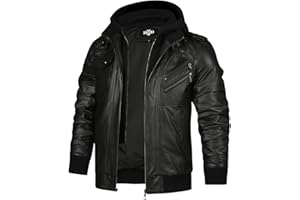 HOOD CREW Men’s Genuine Cowhide Leather Jacket Black Hooded Motorcycle Biker Jacket for Men