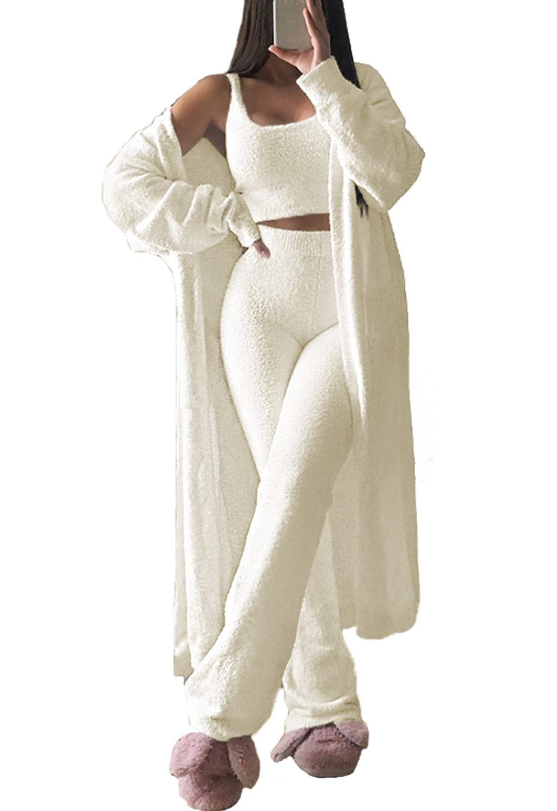 Photo 1 of **MISSING PANTS** Fixmatti Women Fuzzy Fleece 3 Piece Pajama Set Tank Crop Tops Pants Open Front Cardigan Lounge Outfit White XL