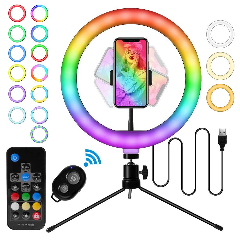 RGB Selfie Ring Light, Gadom 10'' Upgraded Ring Light with Tripod Stand & Phone Holder, 2800-6500K, 29 RGB Colors & 17 Brightness Adjustable LED Ring Light for Make Up Live Stream Photography YouTube