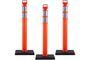 Dragosum 3 Pack Delineator Post Set, 45" Orange Traffic Delineator Post Cone with 10lbs Rubber Base, Safety Cones with 2 Reflective Tapes and Red & White Plastic Chains for Parking Lot