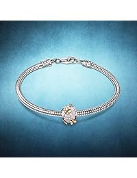 Angemiel - Abalorio de plata de ley 925 con diseño de magnolia en forma de flor y circonita para pulseras  peas