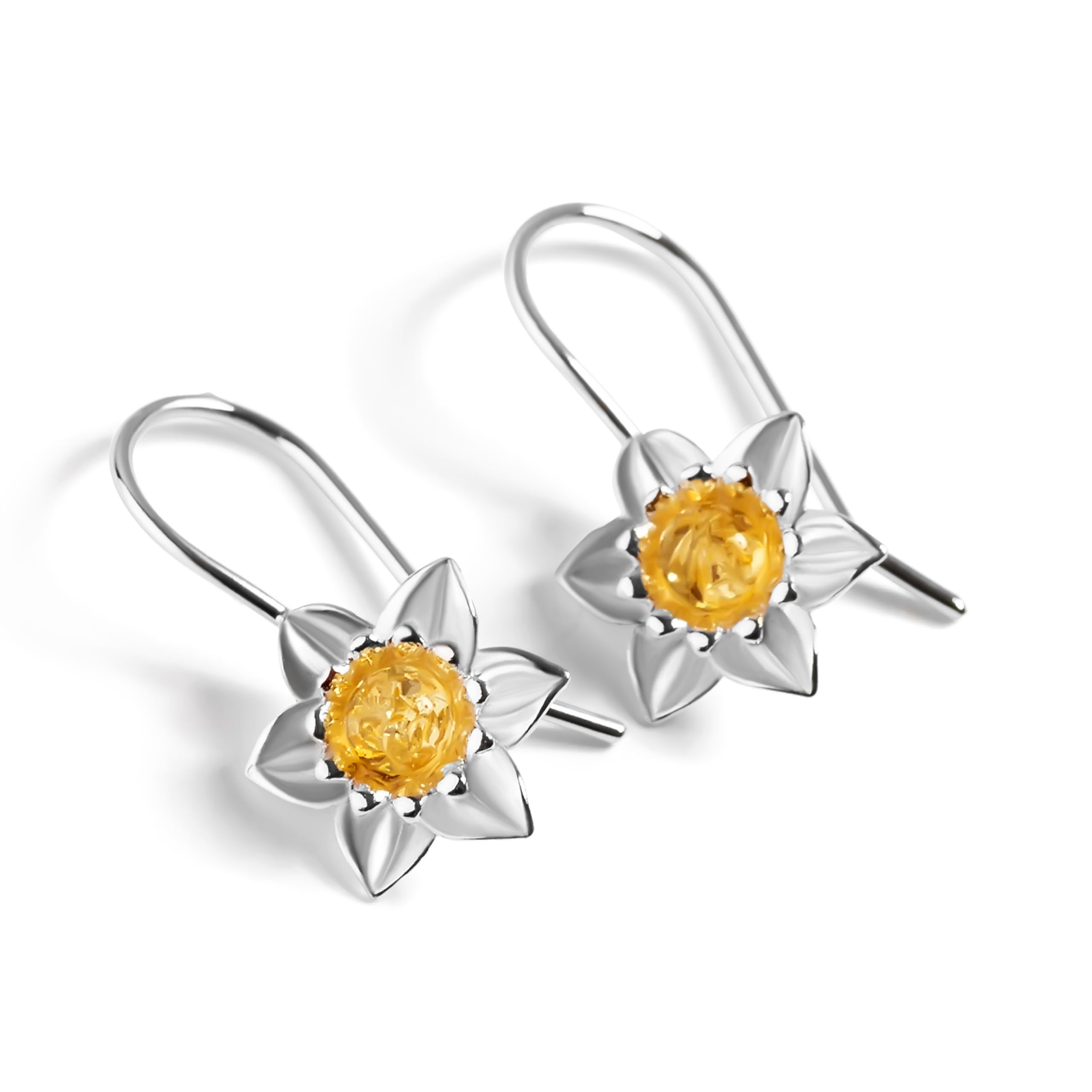 HENRYKA Daffodil Flower Hook Earrings - 925 Solid Sterling Silver & Baltic Amber | Beautiful & Spring Floral Symbolism | Lovely Gift or Bridesmaid Accessory | Hypoallergenic | Pair With Any Outfit