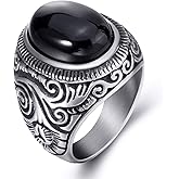 Retro Black Onyx Rings for Men Women, Oval Black Stone Ring Stainless Steel Vintage Mens Jewelry, Size 8-15