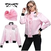 Wizland Women's Pink Ladys Costume 1950s Decade Pink Outfit with Neck Scarfs and Eye Glasses