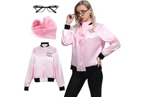 Wizland Pink Ladies Grease Jacket for Halloween Cosplay Costume 1950s Pink Satin Jacket with Neck Scarfs and Eye Glasses