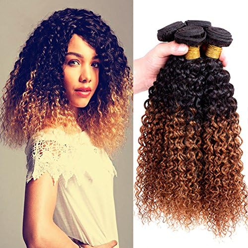 T1B/30 Ombre Brazilian Kinky Curly Hair Bundles Blonde Medium Brown/Medium Auburn Ombre Jerry Curl Hair Bundles Soft Thick Bouncy (10inch &amp; 10inch &amp; 10inch &amp; 10inch)