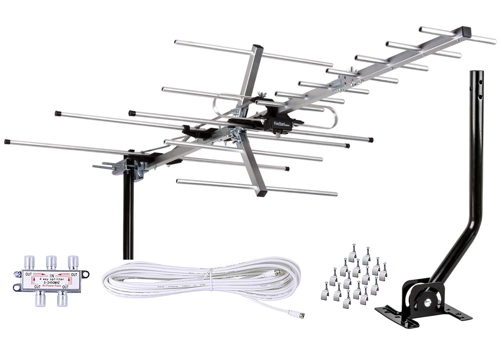 [Newest 2020] Five Star Yagi Satellite HD TV Antenna up to 200 Mile Range, Attic or Roof Mount TV Antenna, Long Range Digital OTA Antenna for 4K 1080P Supports 4 TVs Installation Kit & Mounting Pole