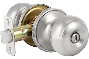 HOSOM Privacy Door Knob with Lock, Interior Door Knobs for Bedroom and Bathroom, Keyless Doorknob with Round Ball, Satin Nickel Door Handle, 1 Pack
