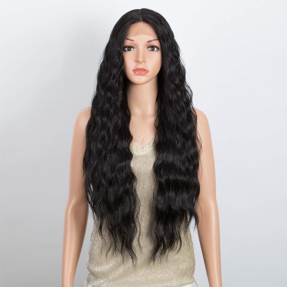 DÉBUT Lace Front Wigs 30 inches Water Wave Super Long Wigs 5% Brazilian Human Hair and 95% Heat Resistant Synthetic Wig 240g 6 inches Lace Parting (LACE 30", Natural Black)