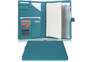 Wonderpool A4 PU Leather Portfolio Holder Ring File Document Case with Removable Binder Clipboard, Multi Pocket and Legal Pad for Business Organizer Interview and Meeting (Cyan)