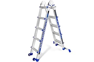 Wolec 17FT A-Frame Telescoping Ladder - 5 Step, 330lbs Capacity with Stabilizer & Wheels, Collapsible Multi-Position for Home/RV/Outdoor (Blue)