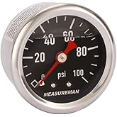 MEASUREMAN 1-1/2" Black Dial, 304 Stainless Steel case, Liquid Filled Fuel Pressure Gauge, 0-100Psi, -3-2-3%, 1/8" NPT Center