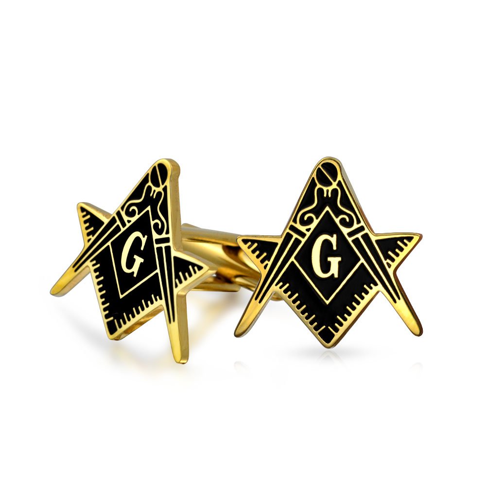 Freemasons Compass Symbol Masonic Cufflinks For Men Black Enamel Two Tone Silver Tone Stainless Steel Hinge Bullet Back