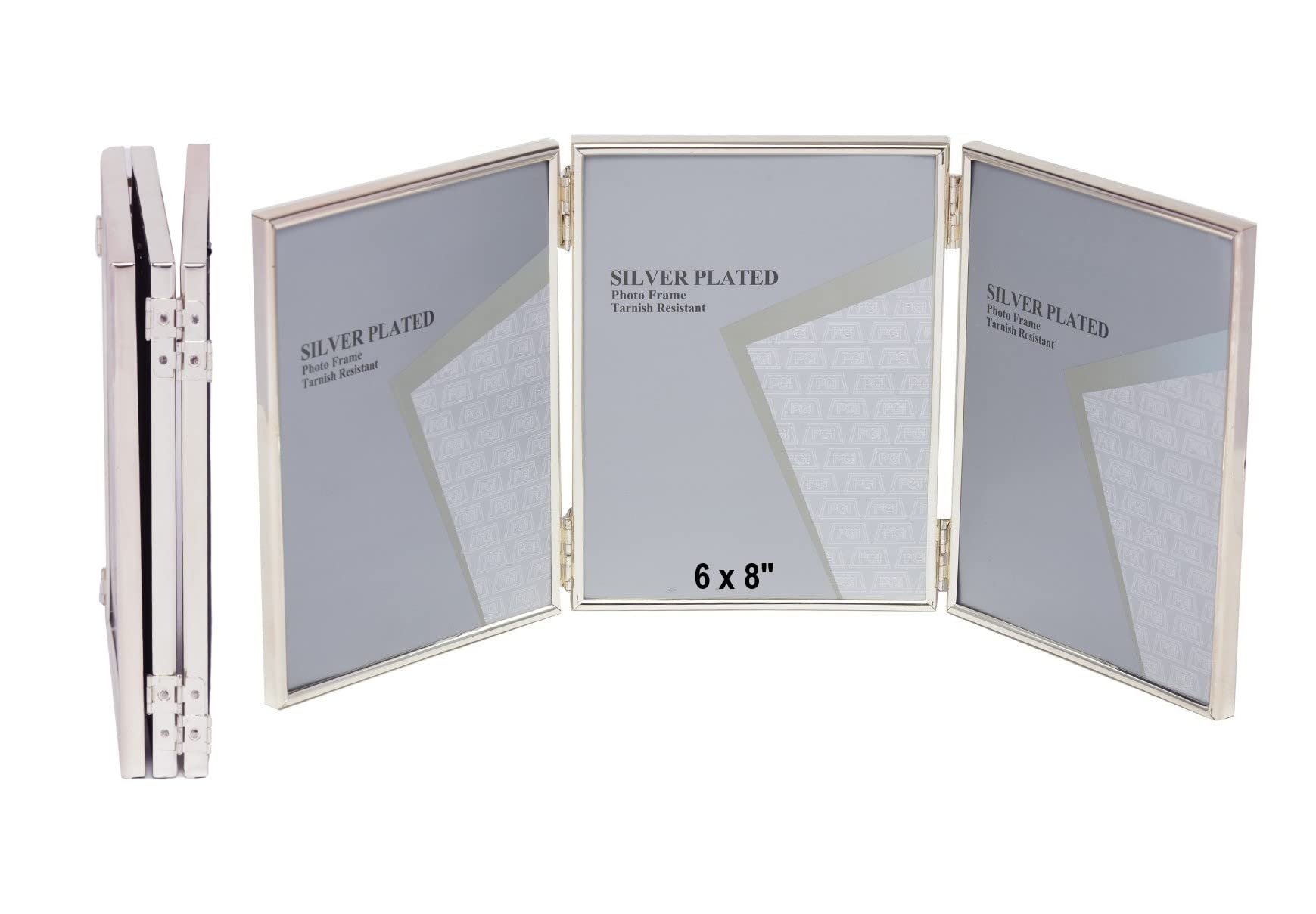 6 x 8-inch Silver Thin Edge TRIPLE PORTRAIT Photo Frames with hooks, can stand and hang - Velveteen Backing - Tarnish Resistant (6 x 8-inch)