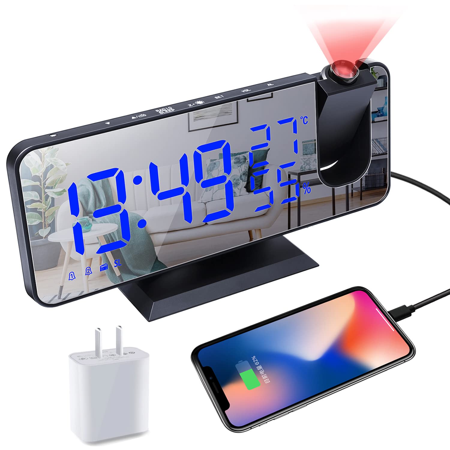 Photo 1 of **MISSING CONECTIONS** Projection Digital Alarm Clock for Bedrooms,Alarm Clock Radio on Ceiling, USB Charger Port, Temperature & Humidity Display, 7.3” Large Mirror LED Display,12/24H,Snooze,Dual Loud Clock- 4 Dimmer