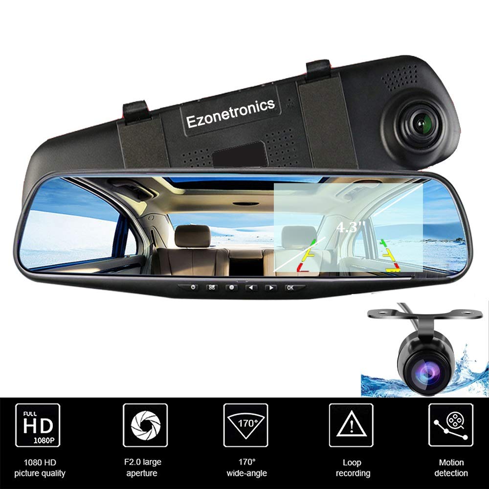 Ezonetronics Car Camera | Car Video Recorder Full HD 1080P | Car Video Camera 4.3 Inch LCD with Dual Lens for Vehicles Front & Rearview Mirror | DVR Vehicles Dash Cam 2010