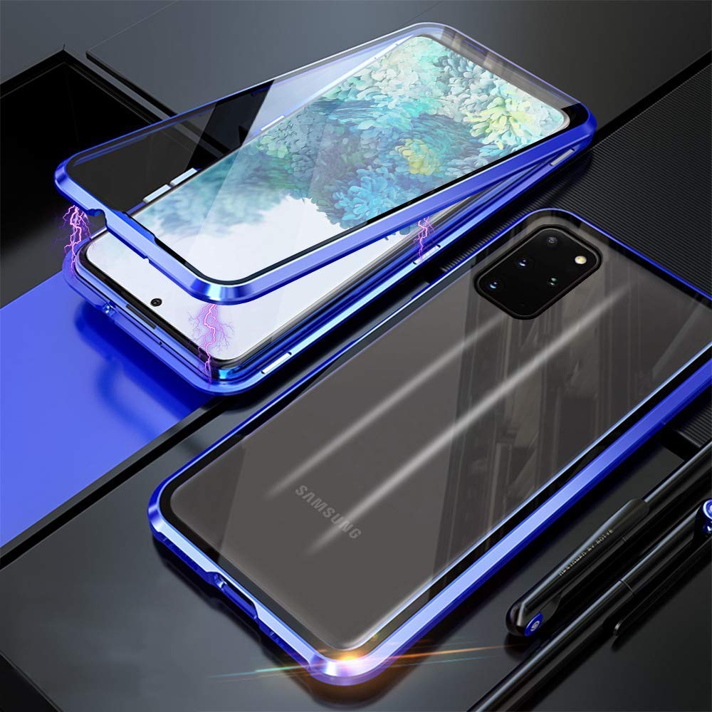 SIMao Case for Samsung Galaxy S20 Cover,[Magnetic Adsorption][Metal Frame + Front and Back Tempered Glass Transparent] Flip Cover Ultra Thin Full Body Screen 360 Degrees Coverage Protective Case,Blue