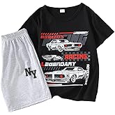 LPHGFZA Boys Clothes 2-Piece Summer Outfit Car Print T-Shirt & Letter Print Shorts for Kids Clothing Set 6-12Y