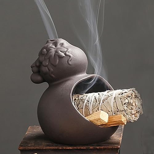 XUDREZ Cat-Shaped Ceramic Incense Holder, Smudge Stick Bowl, Palo Santo Burner, Grey and Beige, Home Decor (Black Gourd)