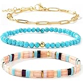 SHINUS BOHO Tila Flat Beaded Stack Gold Paperclip Link Bracelets Set for Women, 3Pcs Trendy Handmade Miyuki Glass Beads Bracelet Chain Festive Holiday Accessories Jewelry Gift.