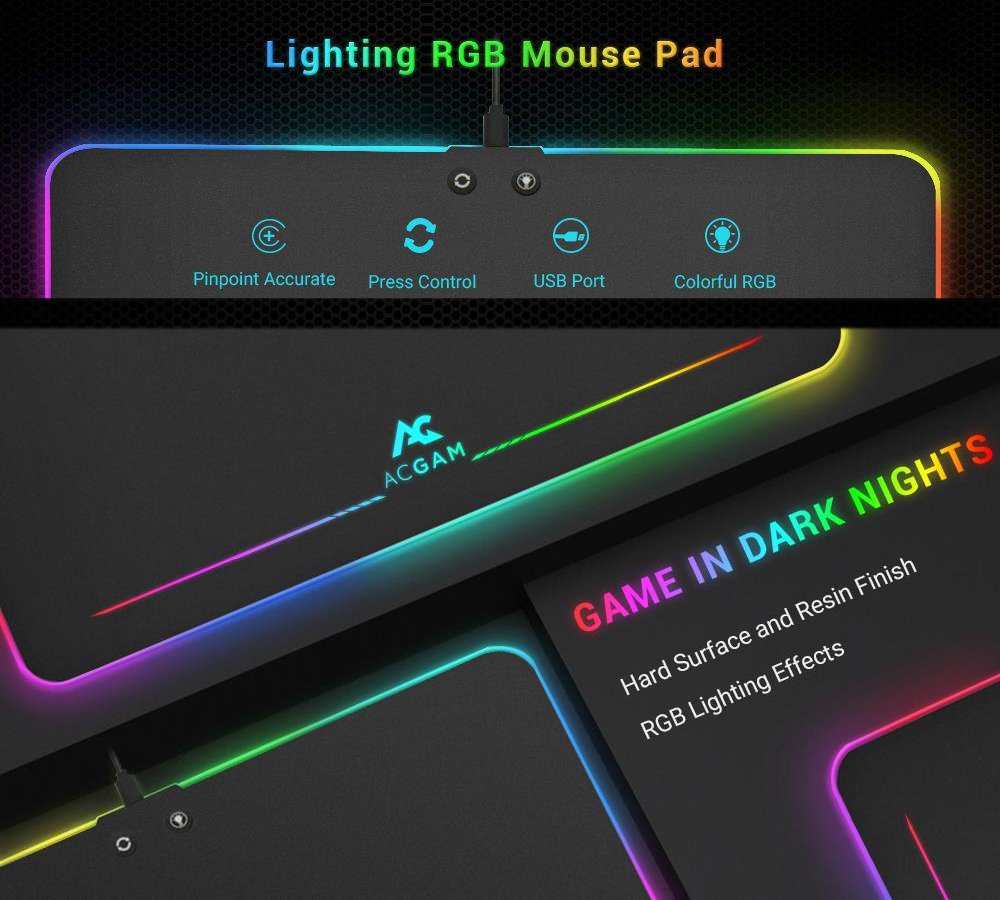 ACGAM P08 Tapis Souris LED Gaming Mouse Pad RGB Mousepad Pluggable USB 2.0 Tapis de Souris Gaming Dur de Jeu Plastique Acrylique;Autonome on/Off Boutons;Surface de Revêtement Ultra-Lisse et Durable