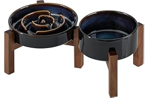 Havniva Ceramic 1.2 Cup Raised Slow Feeder Dog Bowl Set, Elevated 6.1inch Bowl and 7.3inch Dish with Acacia Wood Stand for Small and Medium Dog(2 x Starry Sky+ Stand)