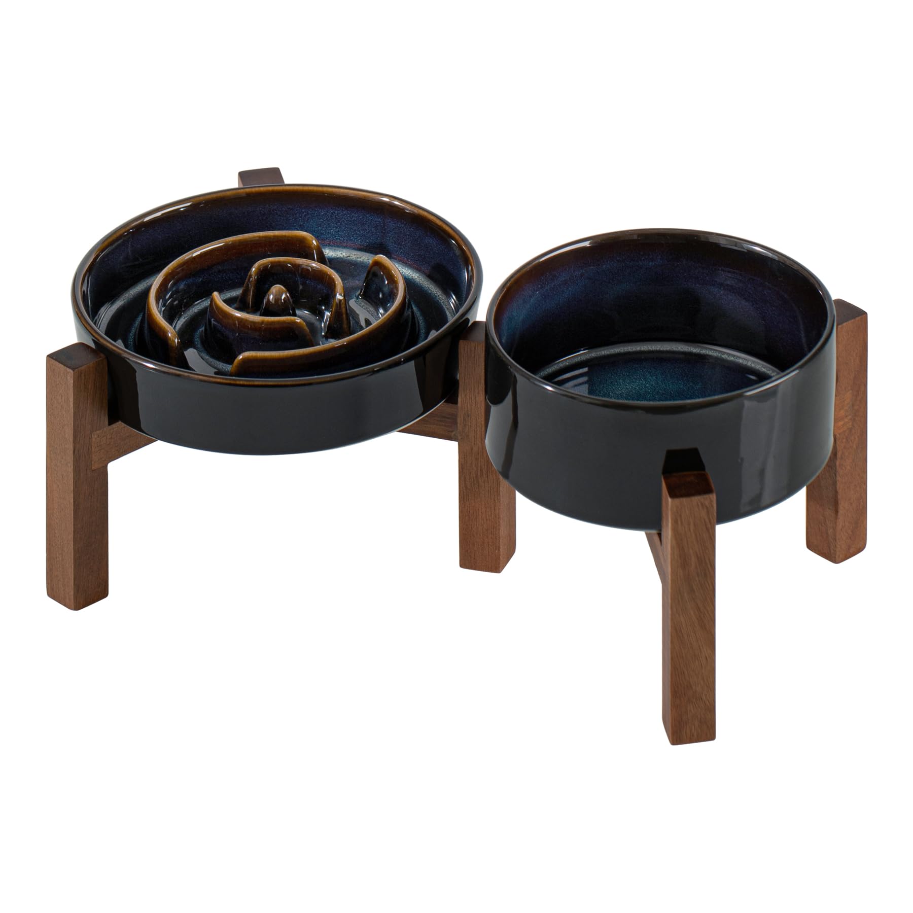 Photo 1 of Havniva Ceramic Raised Slow Feeder Dog Bowl Set, Elevated 6.1inch Bowl and 7.3inch Dish with Acacia Wood Stand for Small and Medium Dog(2X Starry Sky+ Stand)