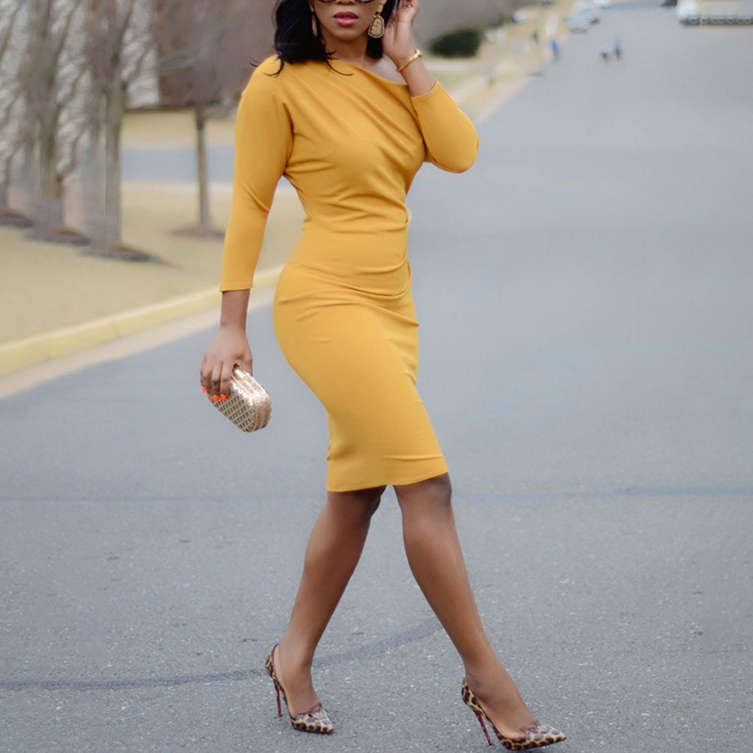 Women Elegant Bodycon Dress Office Lady Sexy Sheath Midi Work Dress