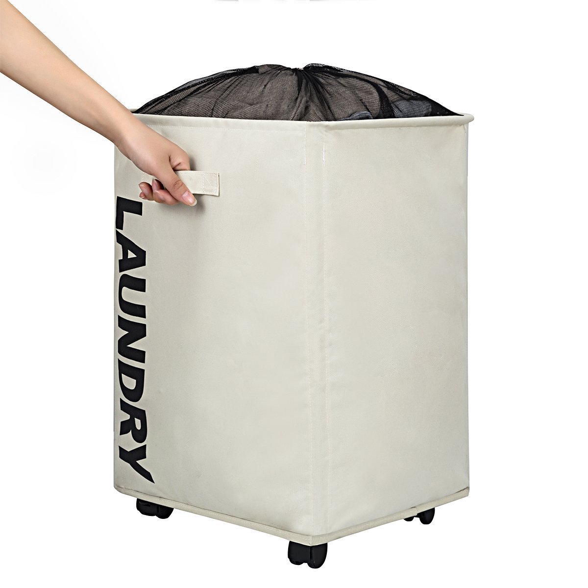 WISHPOOL Large Rolling Stand Folding Slide Laundry Basket Square Collapsible Waterproof Dirty Laundry Hamper Bin Organizer Storage with Mesh Wheels (Beige)